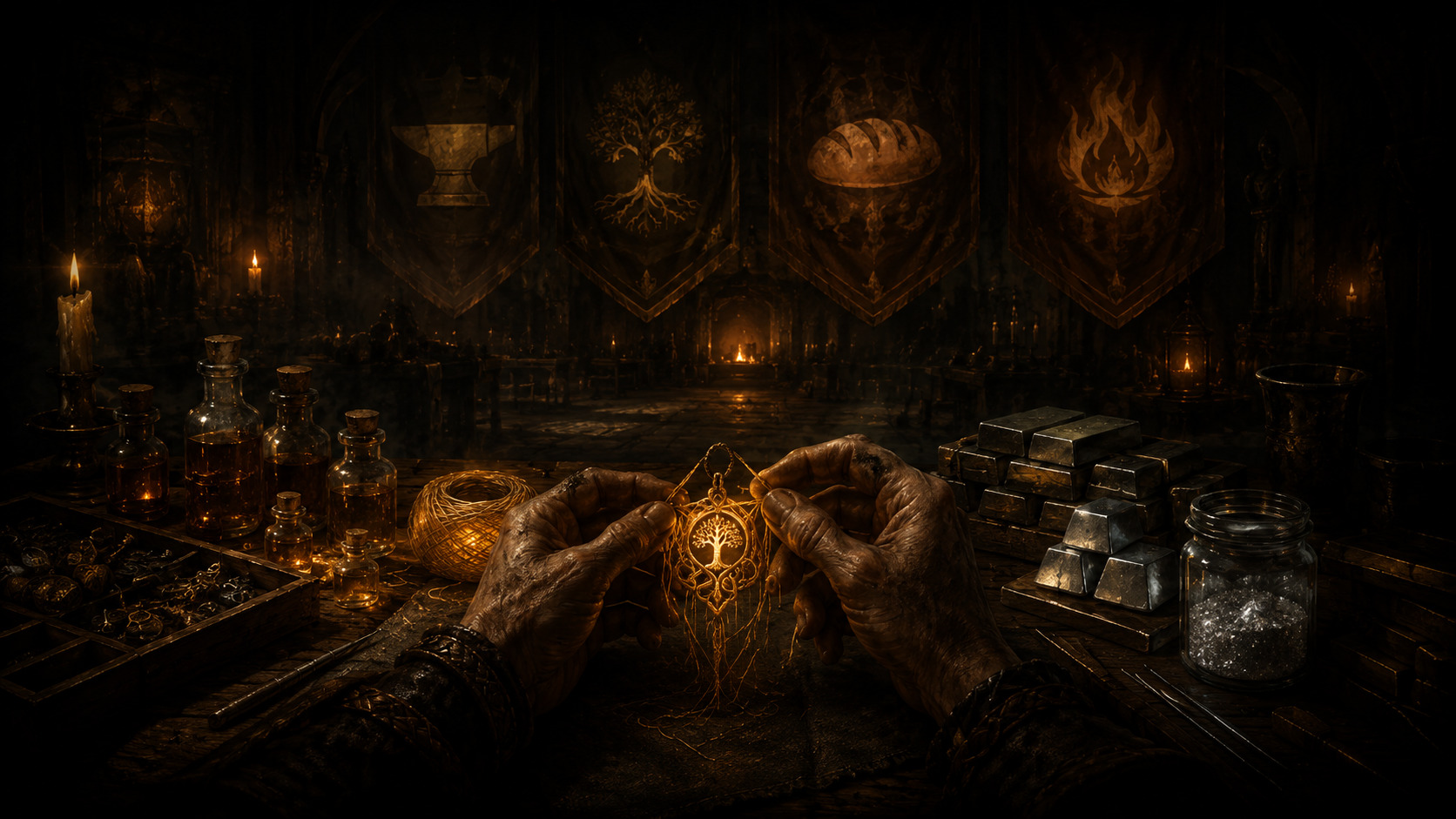 Weathered hands weaving a glowing charm at a guild workbench beneath the House guild banners