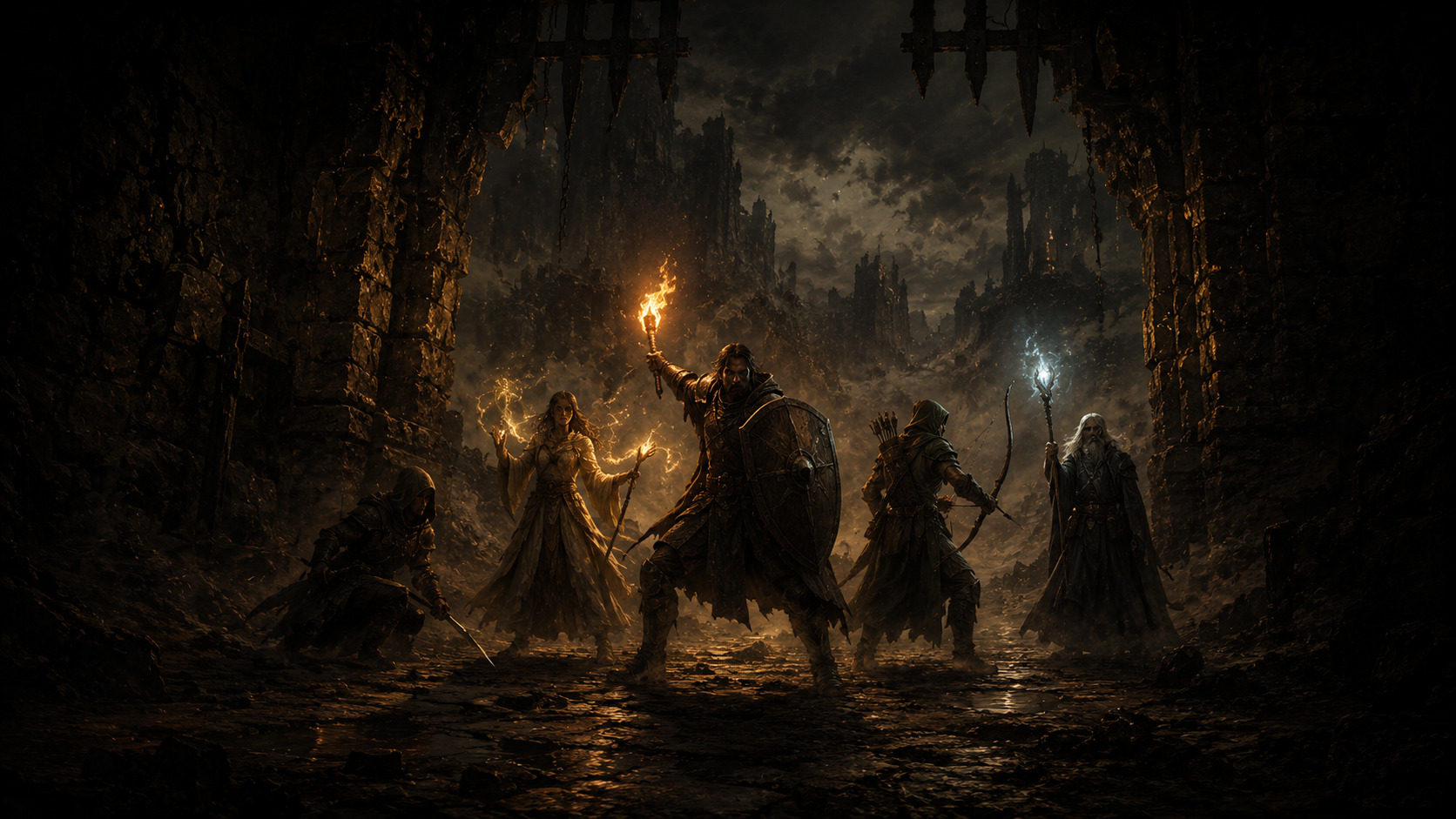 Five adventurers at a ruined gate - warrior, healer, archer, rogue and wizard in torchlight