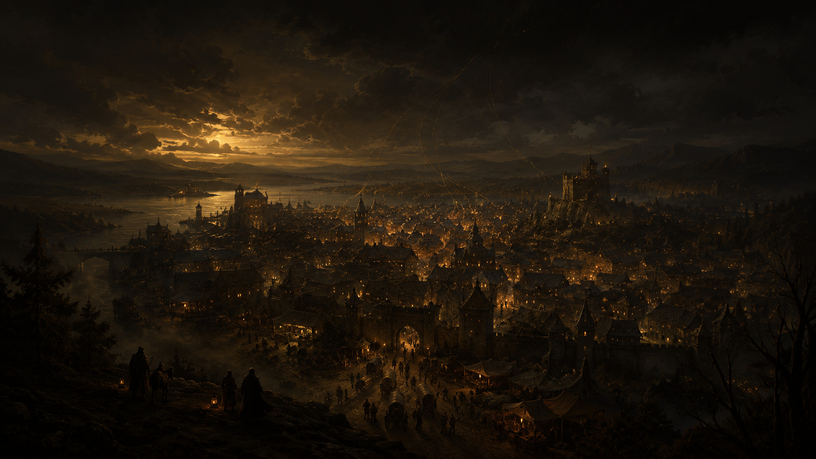 A lantern-lit city at dusk with faint golden threads rising from its rooftops into the sky